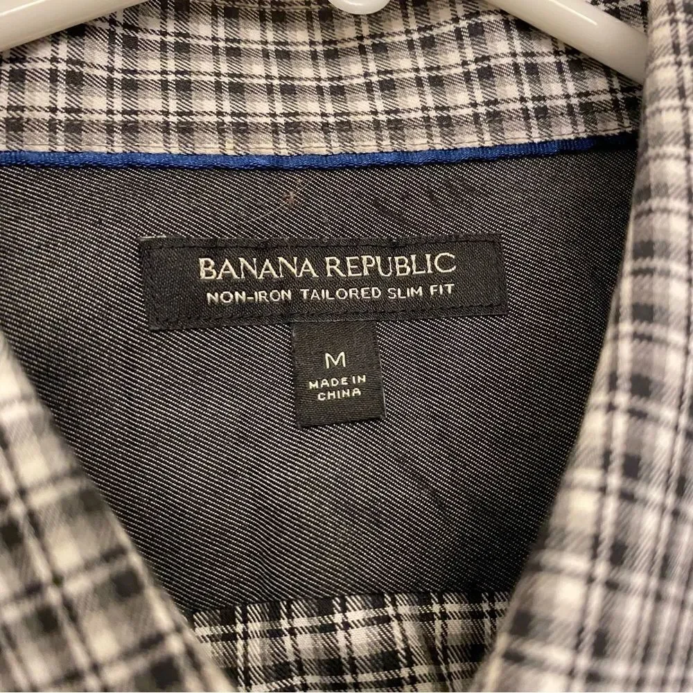 Banana Republic non iron tailored slim fit black Checked plaid button up shirt M